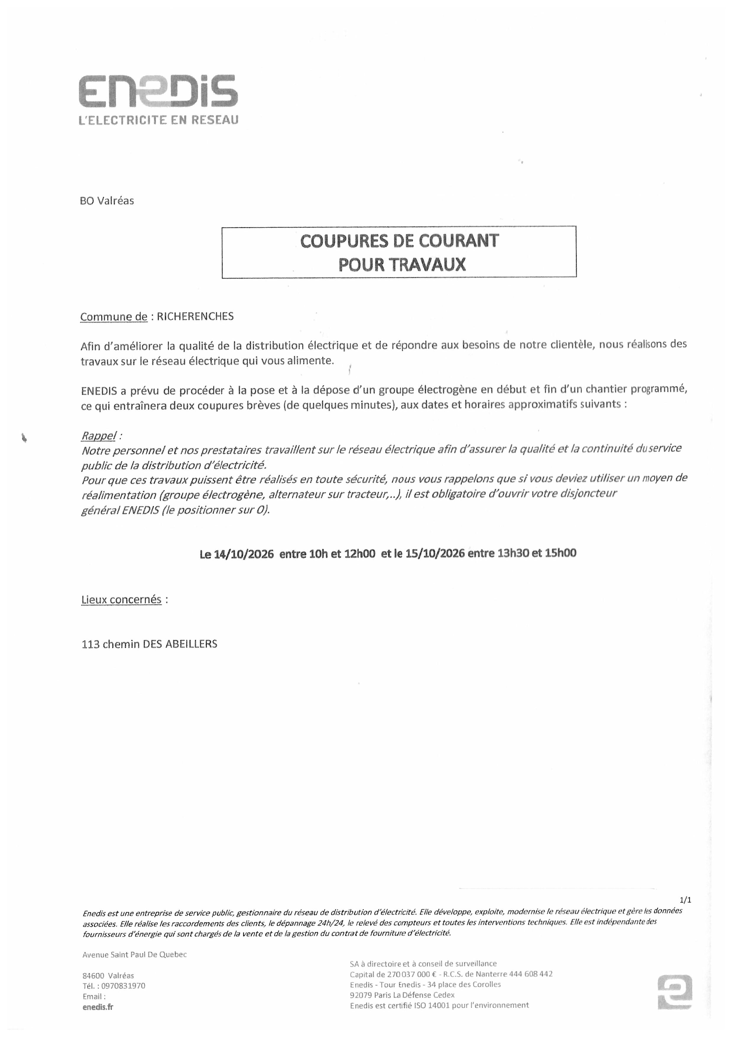 ENEDIS : coupure électricité 